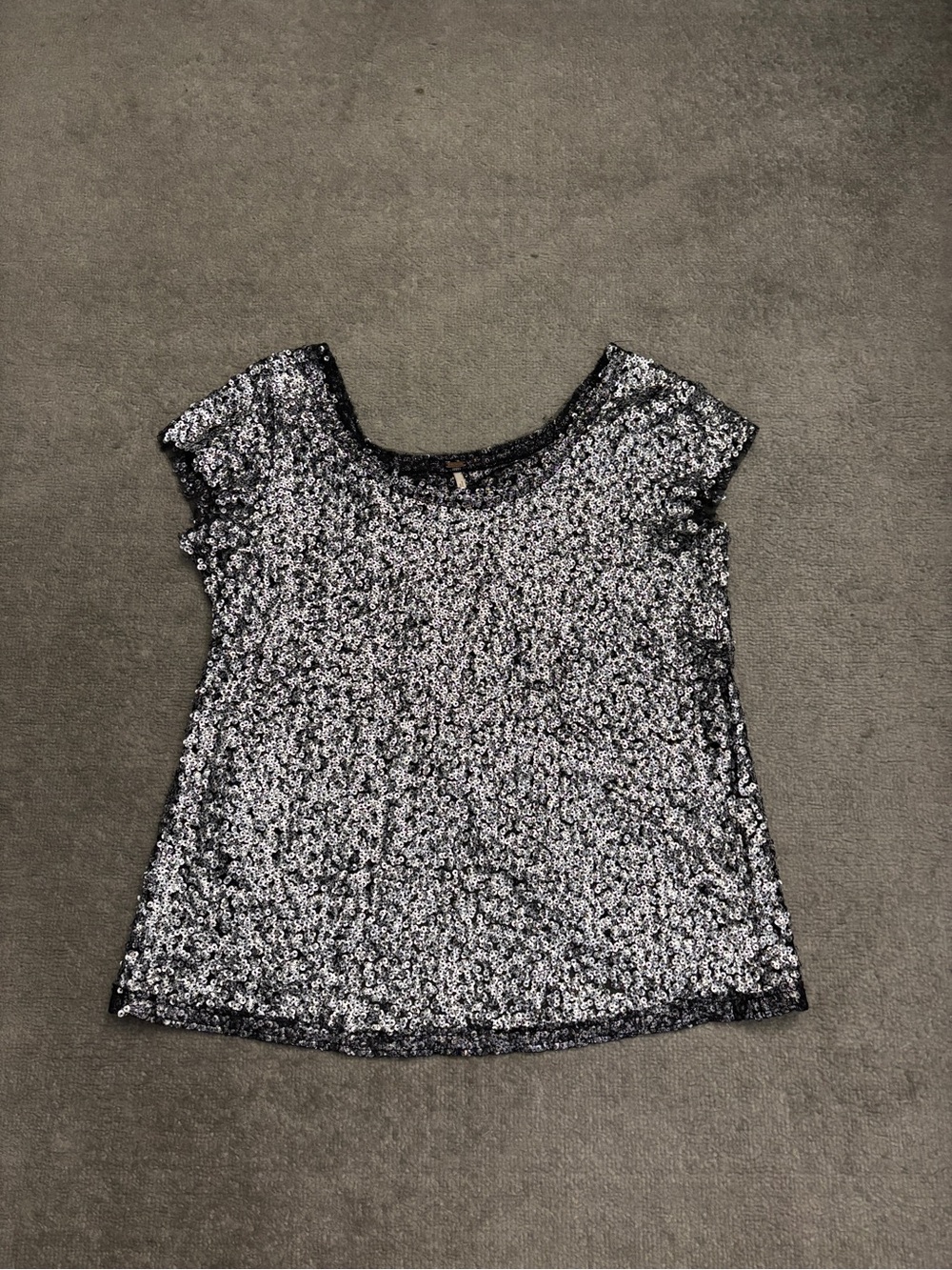 Free People Sequin Cap Sleeve Swing Top Black Silver New Years Eve Party